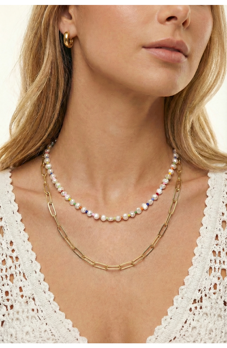 Joey Baby Freshwater Baroque Pearl 18K Gold Plated Rainbow Necklace And Huggie Earring Set, Alternate, color, Metallic Gold