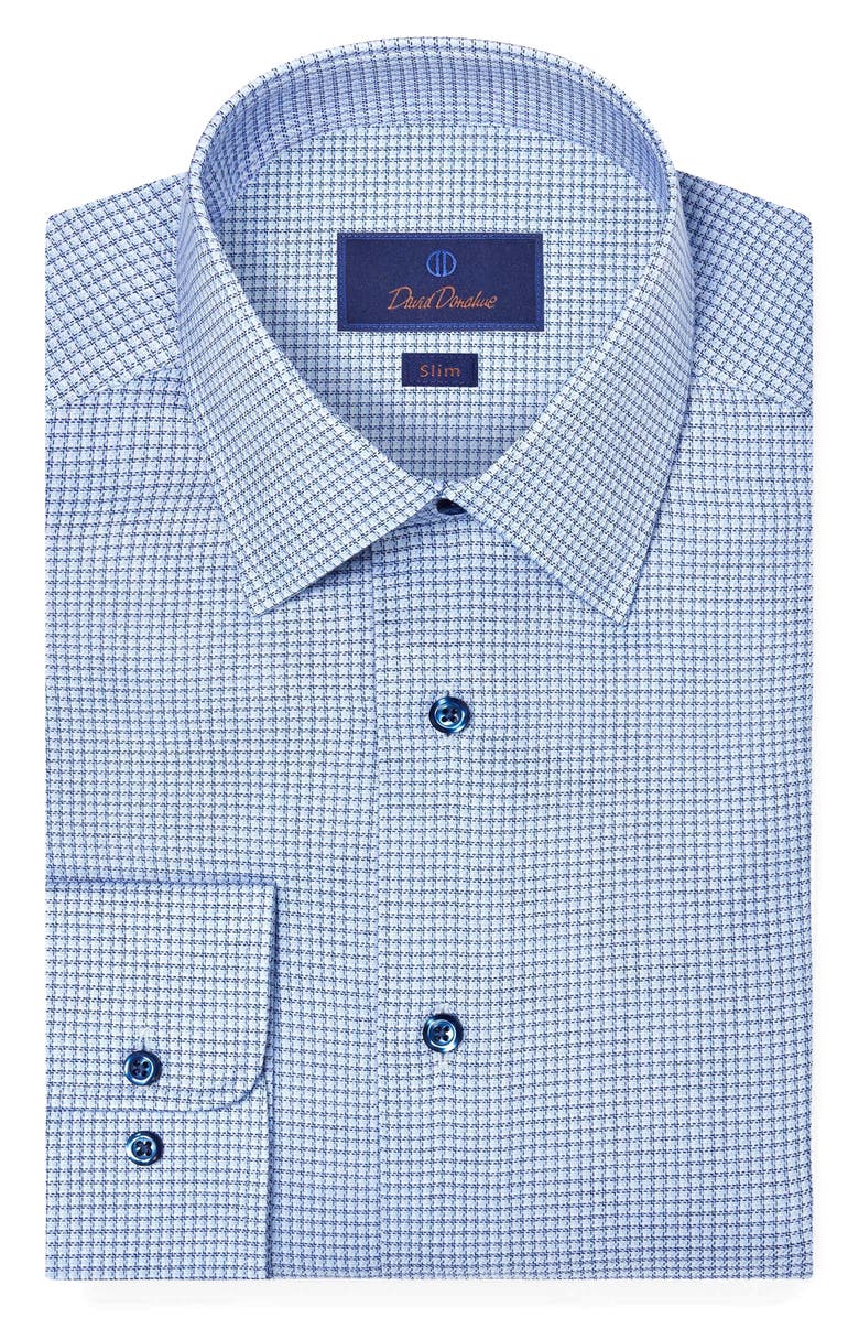David Donahue Slim Fit Microcheck Cotton Stretch Twill Dress Shirt, Main, color, Sky/ Navy