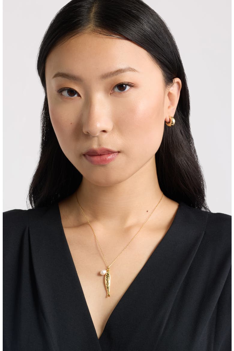 Freshwater Pearl Fish Pendant Necklace, Alternate, color, WHITE- 14K GOLD PLATED