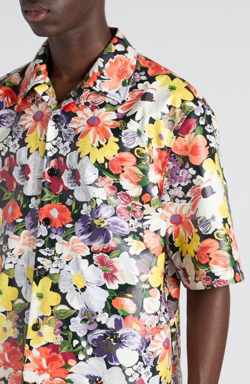 Bottega Veneta Floral Print Leather Camp Shirt In Multi