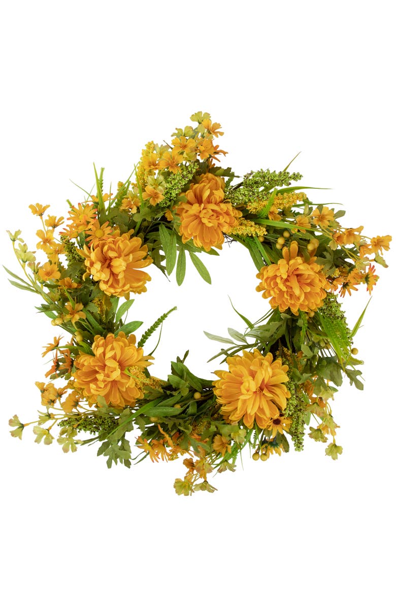 Northlight Peony, Daisy and Mixed Autumn Foliage Artificial Floral Fall Harvest Wreath - 24", Main, color, Yellow