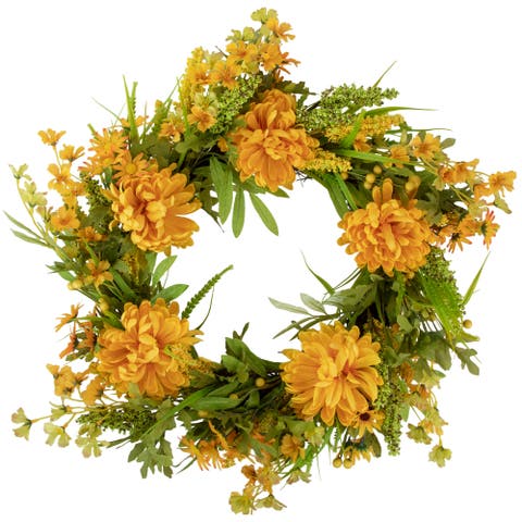Peony, Daisy and Mixed Autumn Foliage Artificial Floral Fall Harvest Wreath - 24"