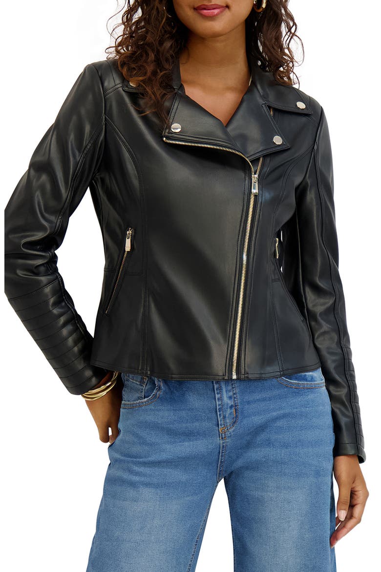 Peplum Back Faux Lether Moto Jacket, Main, color, BLACK
