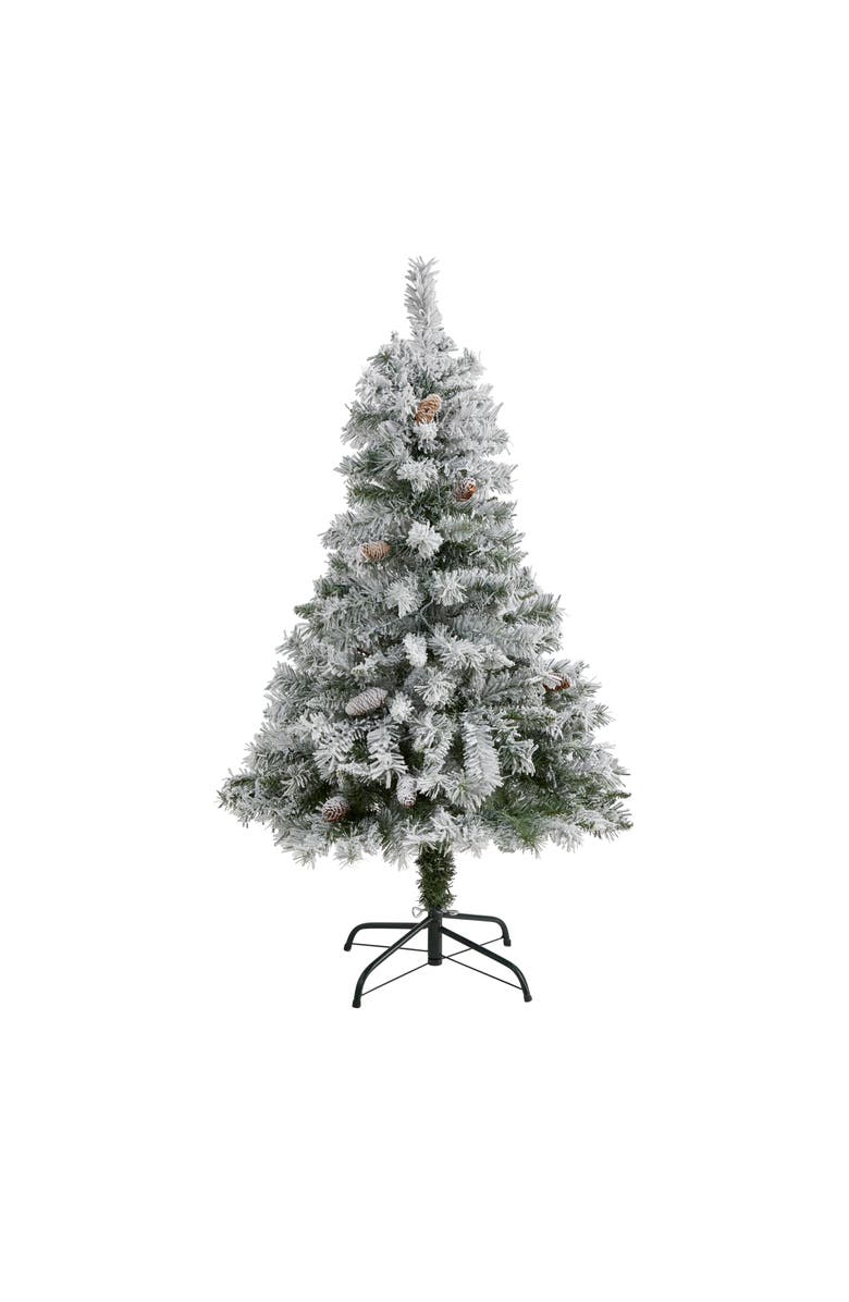 NEARLY NATURAL 4-ft Flocked White River Mountain Pine Artificial Christmas Tree with Pinecones, Main, color, Green