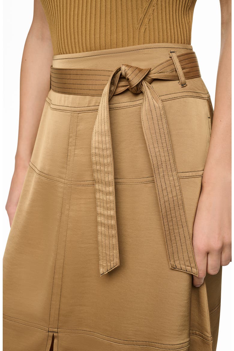 Tie Waist Contrast Stitch Midi Skirt, Alternate, color, DUNE