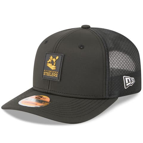 Men's New Era Black Pittsburgh Steelers 2025 Sideline Throwback 9SEVENTY Trucker Adjustable Hat