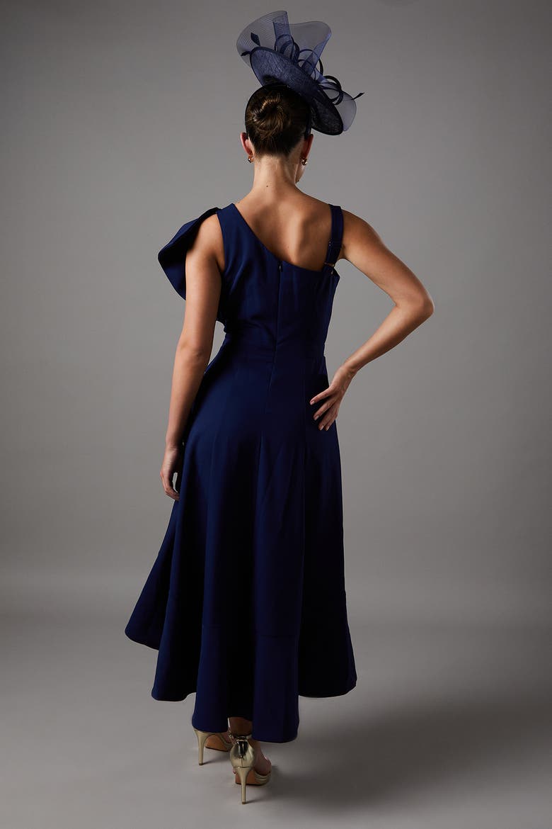 One Shoulder Crepe Ruffle Midi Dress, Alternate, color, Navy