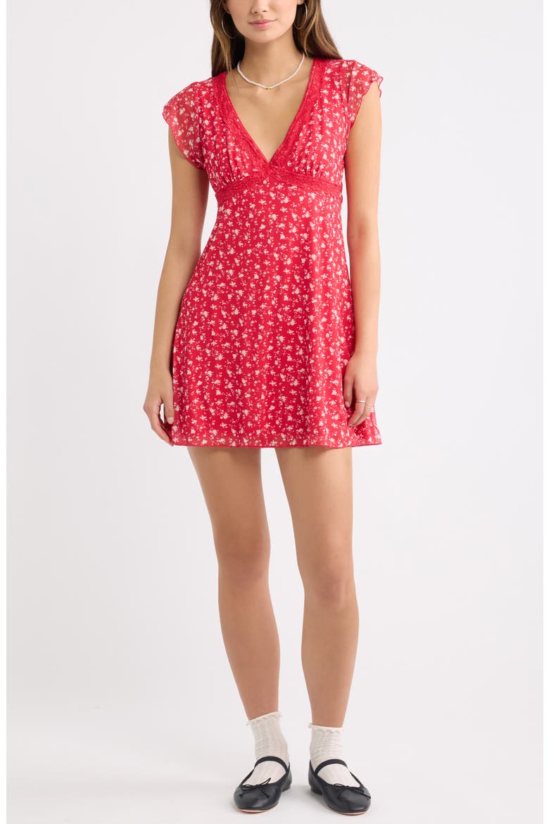Lace Trim Flutter Sleeve Minidress, Main, color, RED- IVORY JENNA ROSE