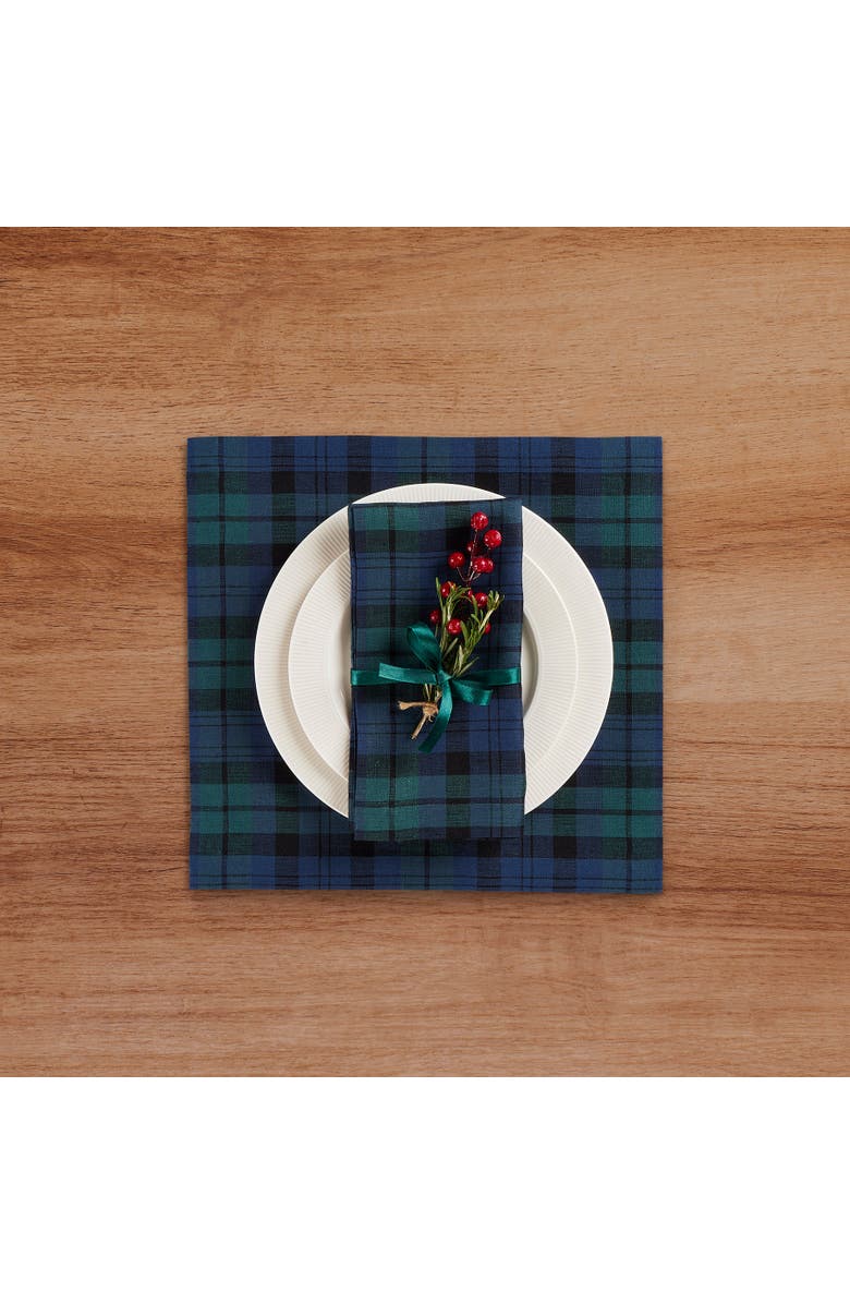 Solino Home Linen Square Placemats Set of 4, 14 x 14 Inch for Dining Table, Holiday and Everyday Table Decor - Blackwatch Plaid, Alternate, color, Blue And Green