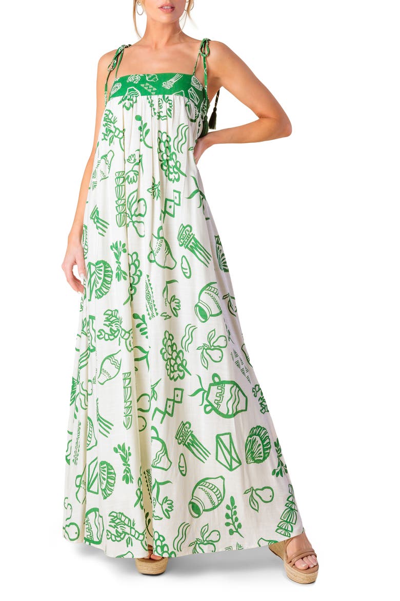 Shoulder Tie Print Maxi Dress, Main, color, IVORY GREEN