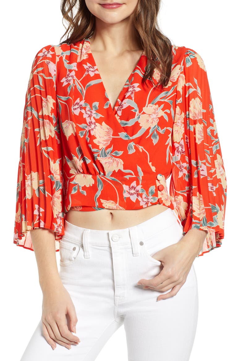 the Label Floral Pleated Sleeve Wrap Blouse, Main, color, RED/ PEACH FLORAL