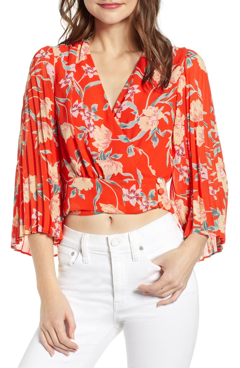 ASTR the Label Floral Pleated Sleeve Wrap Blouse, Main, color, Red/ Peach Floral