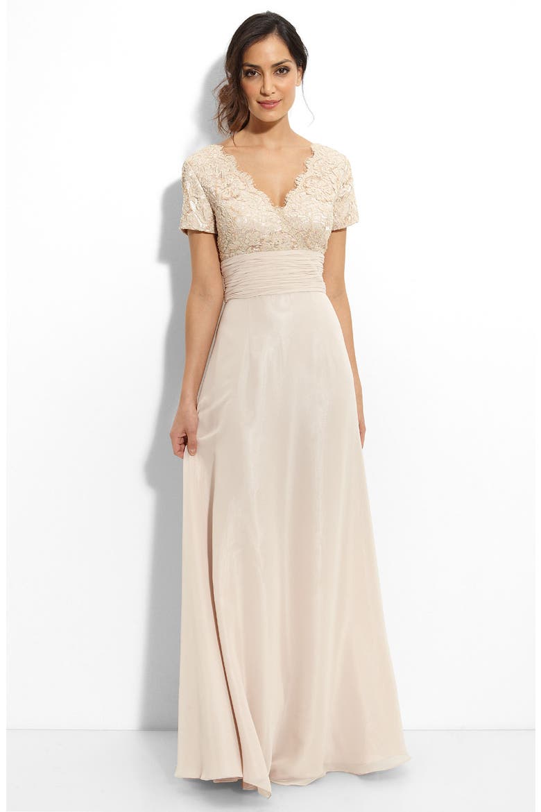 Beaded Lace & Chiffon Gown, Main, color, CHAMPAGNE