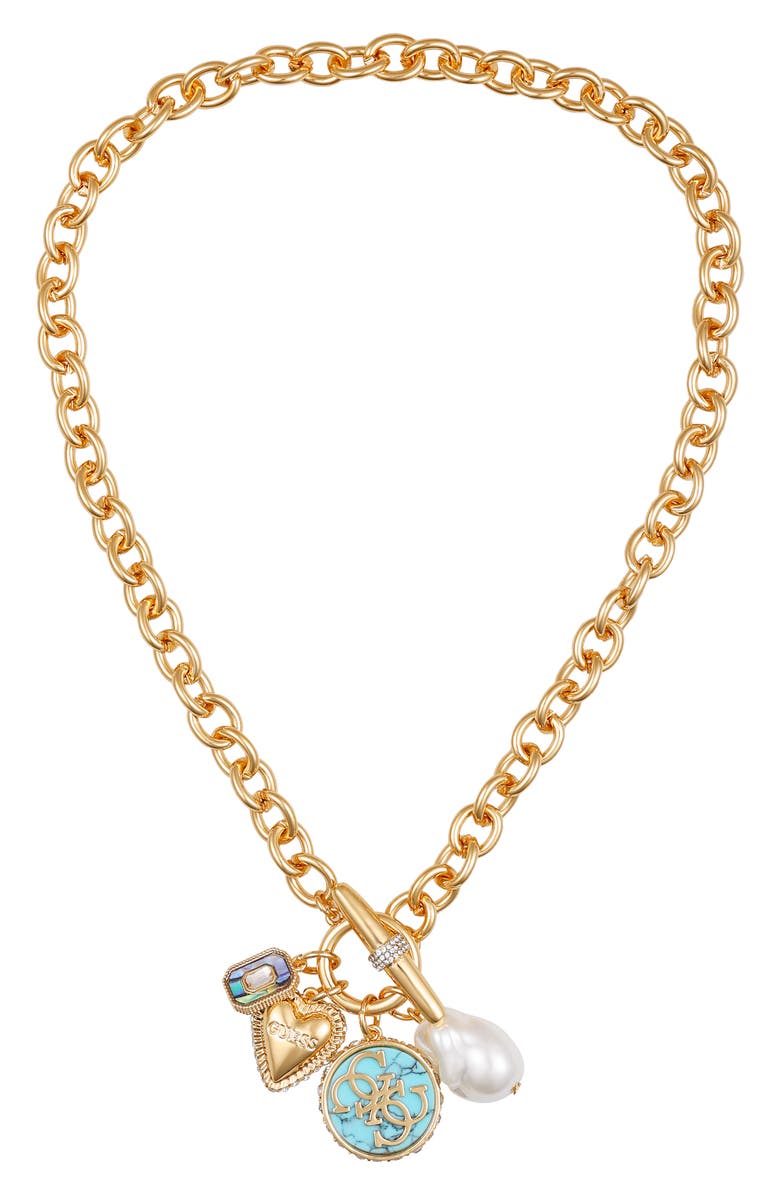 GUESS Logo Charm Necklace, Main, color, Gold Tone