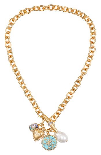 Guess Logo Charm Necklace In Gold