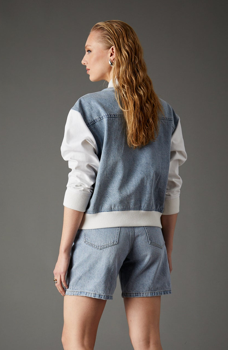 BLUE REVIVAL Admiral Mixed Media Bomber, Alternate, color, Light Stone