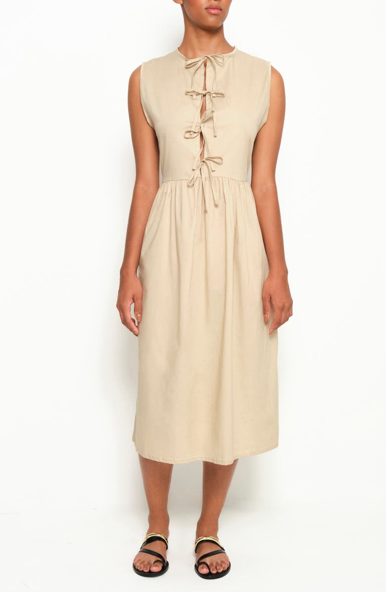 The Lulo Project Hortensia Tie Front Stretch Cotton Midi Dress, Main, color, Camel