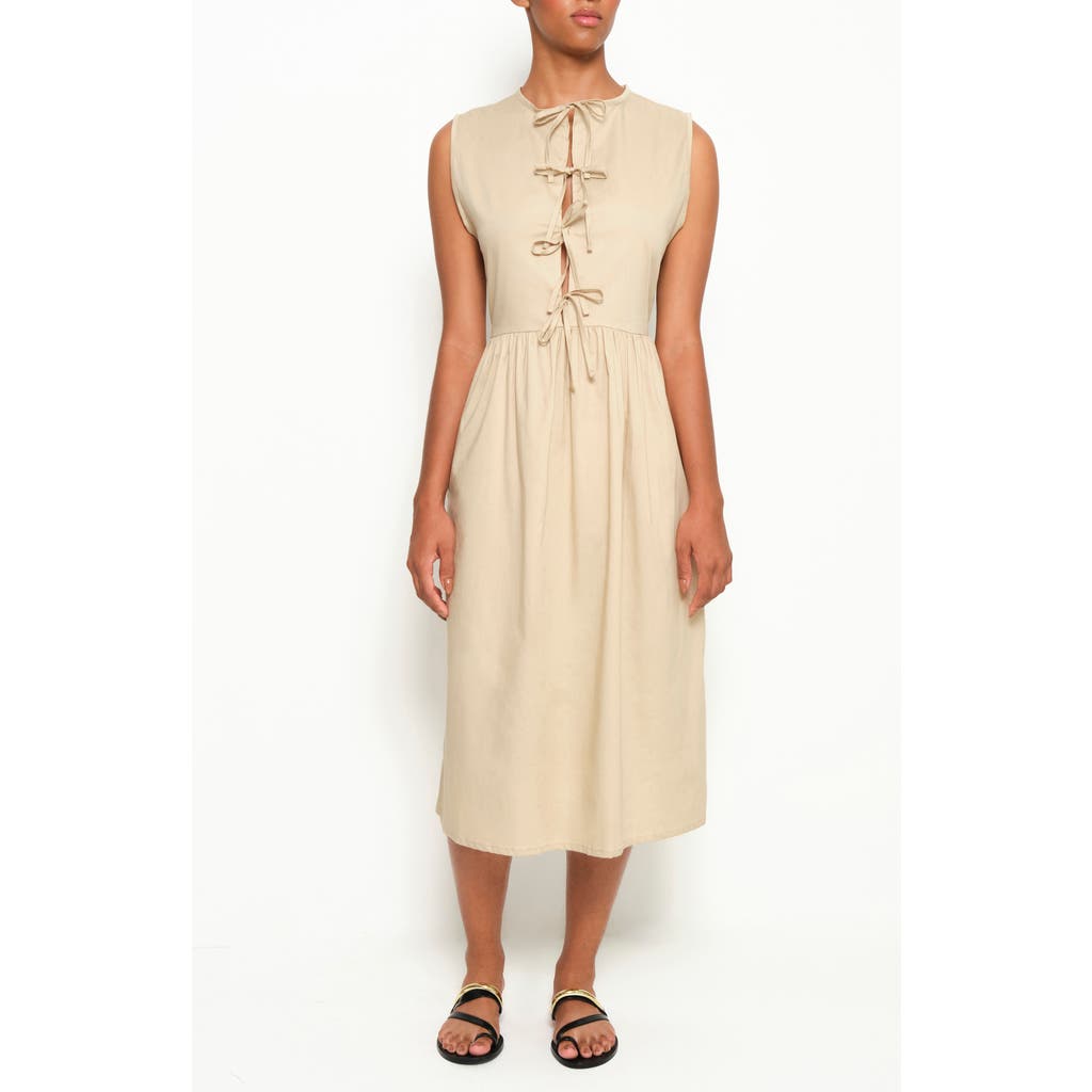The Lulo Project Hortensia Tie Front Stretch Cotton Midi Dress In Camel