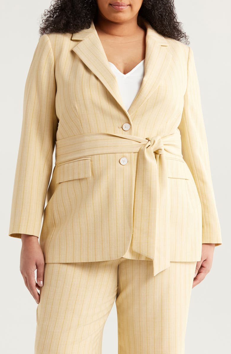 Tahari ASL Pinstripe Belted Blazer, Main, color, Ochre