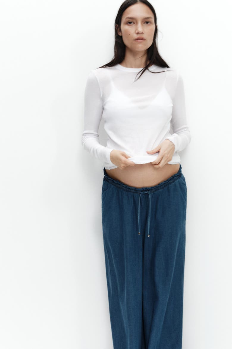 Mama Wide-leg Paper-bag Pants, Alternate, color, Denim blue