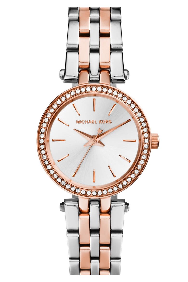 Michael Kors 'Petite Darci' Crystal Bezel Bracelet Watch, 26mm, Main, color, 2T SILVER/ROSE