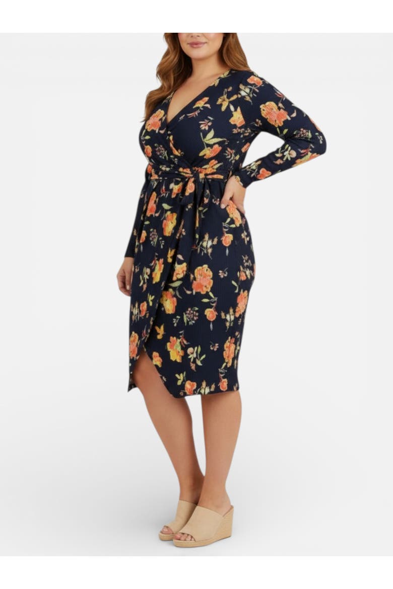 Printed Sylvia Wrap Midi Dress, Alternate, color, Navy Coral Bouquet