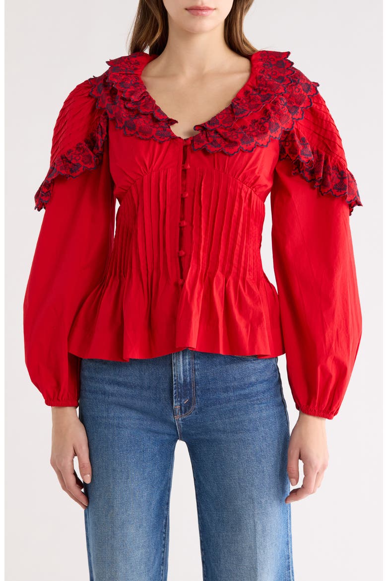Caroline Embroidered Organic Cotton Peplum Top, Main, color, RED