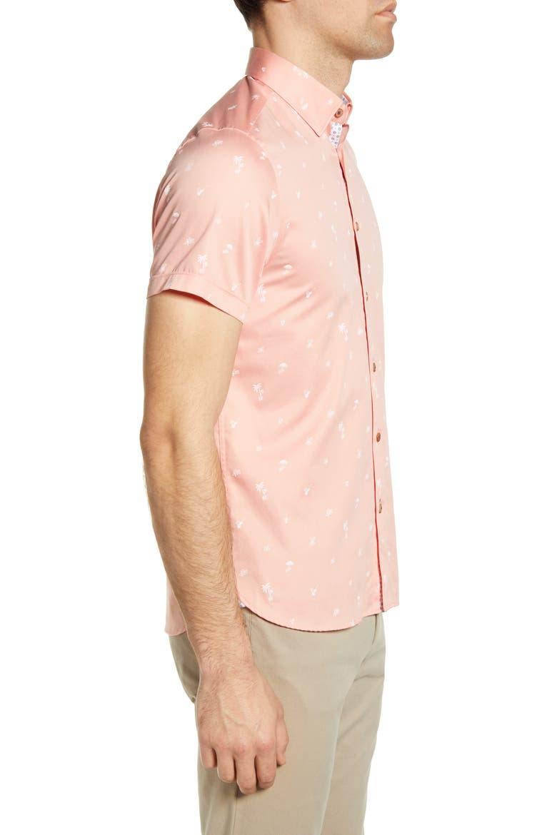 Slim Fit Tropical Print Short Sleeve Button-Up Shirt, Alternate, color, CORAL