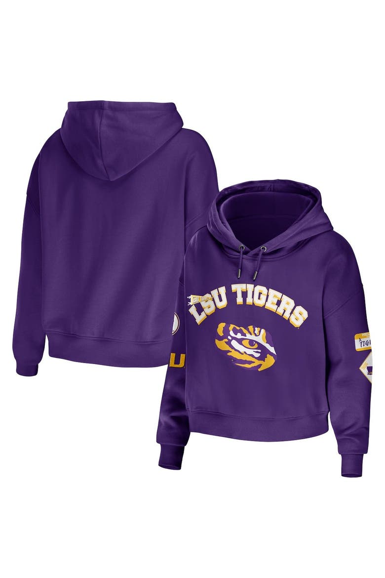 Women's WEAR by Erin Andrews Purple LSU Tigers Mixed Media Cropped Pullover Hoodie, Main, color, Purple