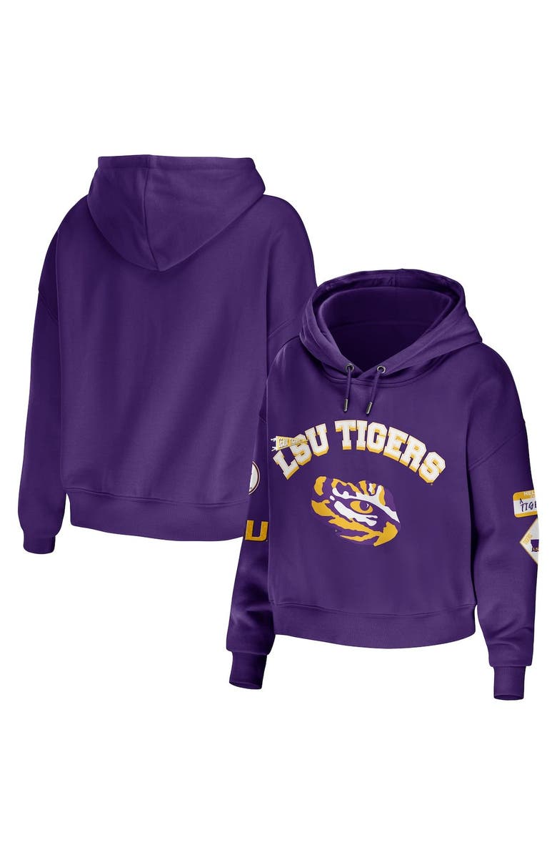 WEAR by Erin Andrews Women's WEAR by Erin Andrews Purple LSU Tigers Mixed Media Cropped Pullover Hoodie, Main, color, Purple