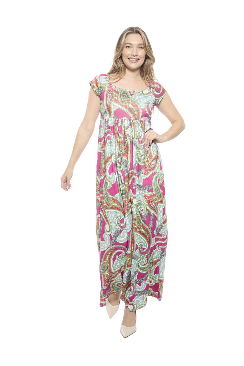 Womens Paisley Square Neck Cap Sleeve Pleated A-Line Maxi Dress, Main, color, Pink Multi