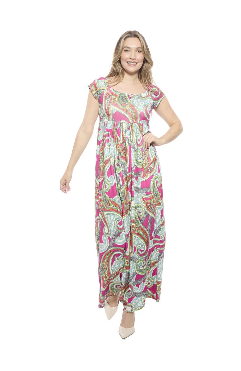 24seven Comfort Apparel Womens Paisley Square Neck Cap Sleeve Pleated A-Line Maxi Dress, Main, color, Pink Multi