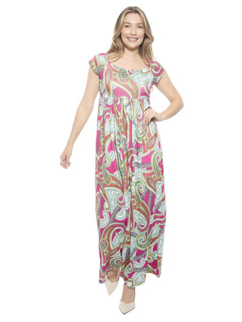 Womens Paisley Square Neck Cap Sleeve Pleated A-Line Maxi Dress