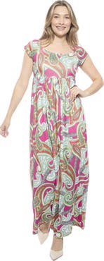 24seven Comfort Apparel Womens Paisley Square Neck Cap Sleeve Pleated A-Line Maxi Dress