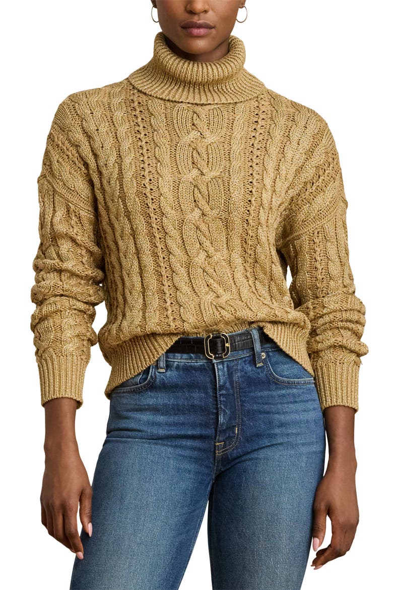 Metallic Turtlenrck Cable Knit Sweater, Main, color, RELIC GOLD METALLIC