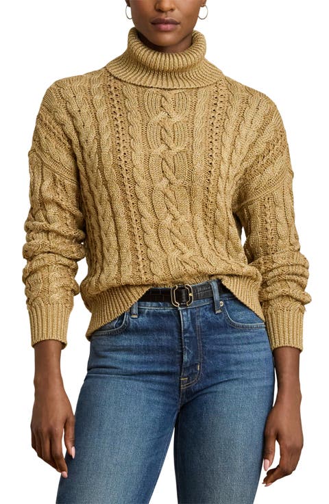 Metallic Turtlenrck Cable Knit Sweater