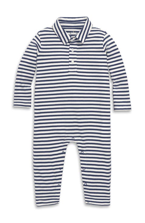 Baby Long Sleeve Polo Romper In Mini Stripe