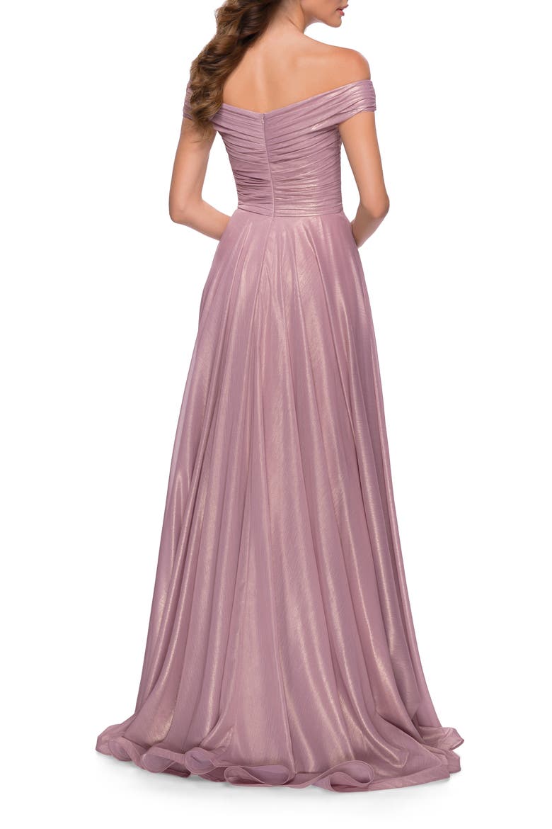 Iridescent Off the Shoulder Chiffon Gown, Alternate, color, PINK METALLIC