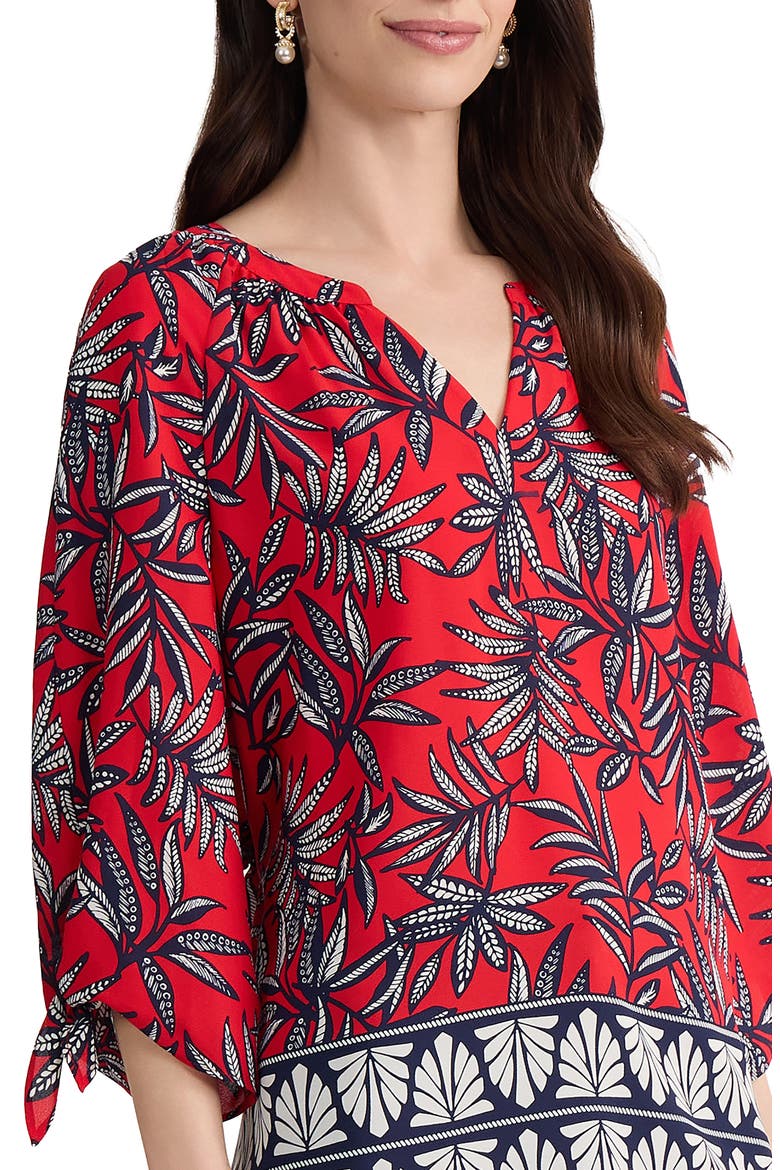 Leaf Print Tie Cuff Raglan Sleeve Top, Alternate, color, ROUGE MULTI