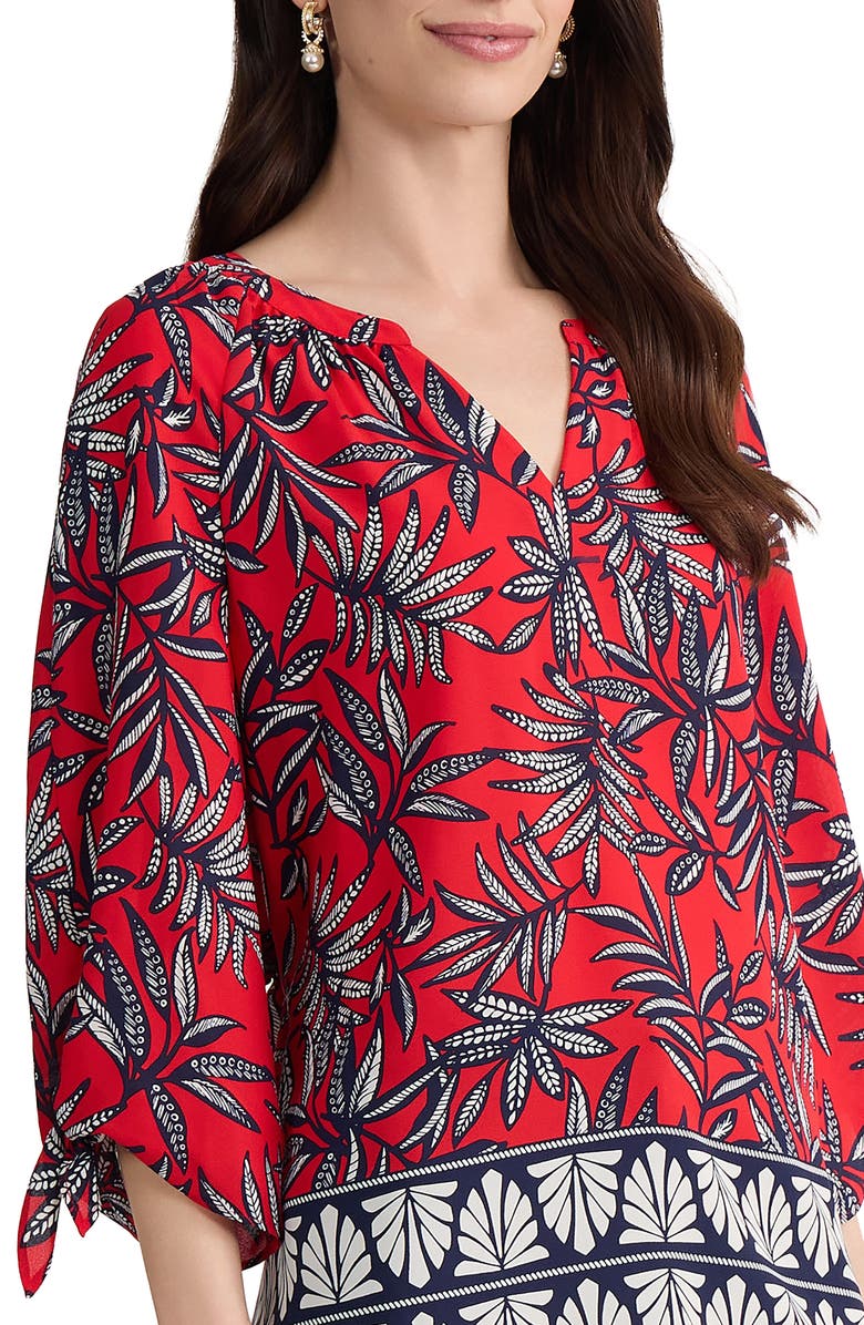 Jones New York Leaf Print Tie Cuff Raglan Sleeve Top, Alternate, color, Rouge Multi