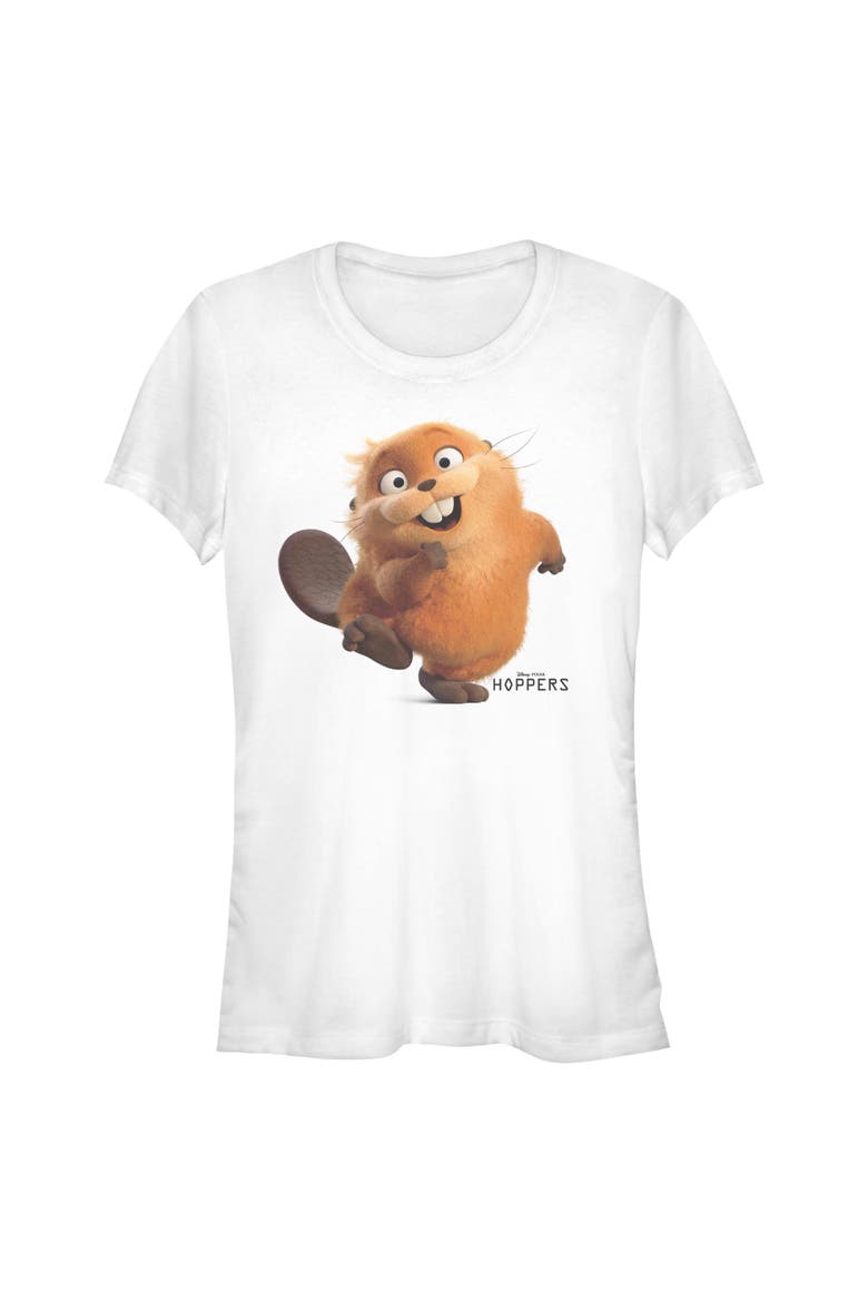 Junior's Hoppers Mabel Beaver Happy Pose  Graphic T-Shirt, Main, color, White