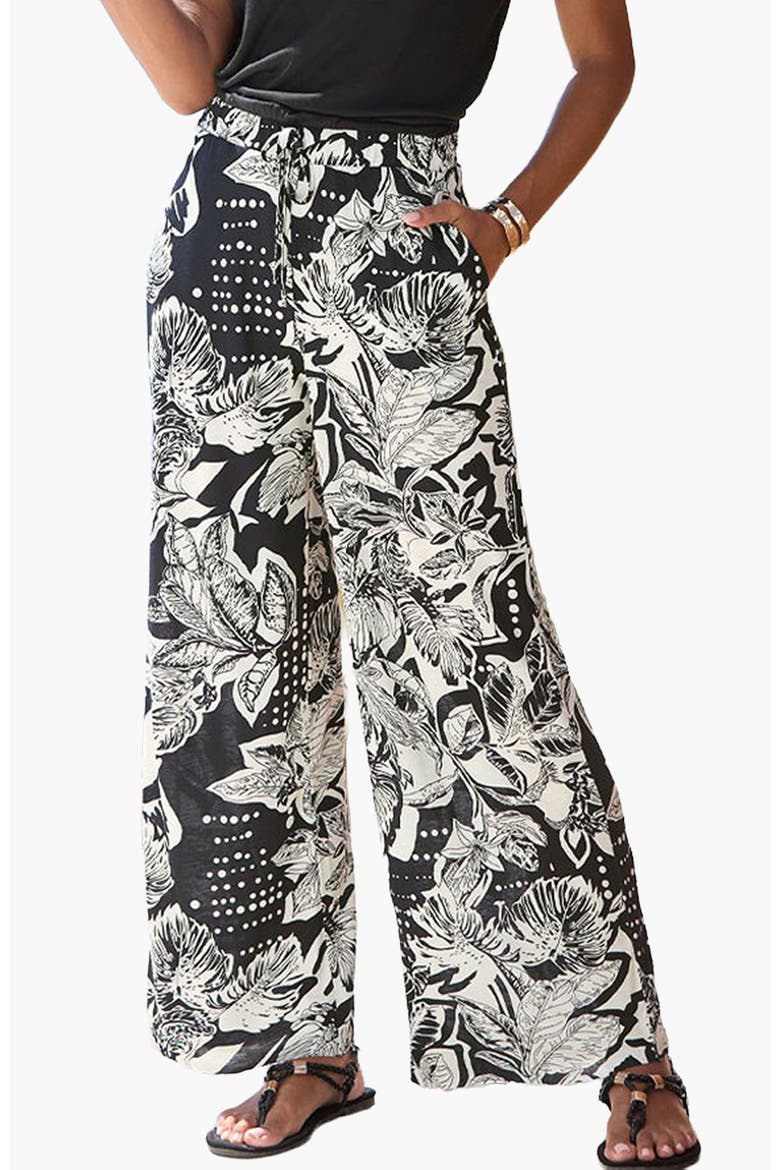 Floral Print Wide Leg Pants, Main, color, Black & Ivory