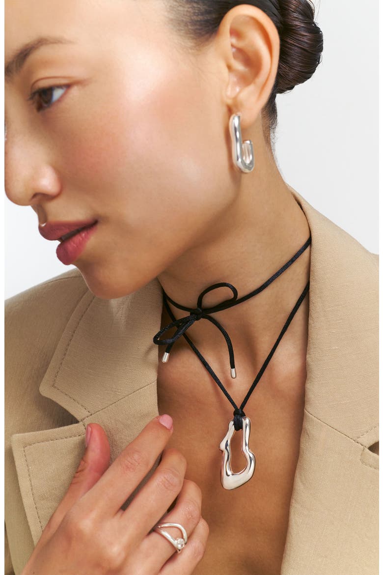 Dome Wavy Pendant with Black Cord, Alternate, color, Silver Plated