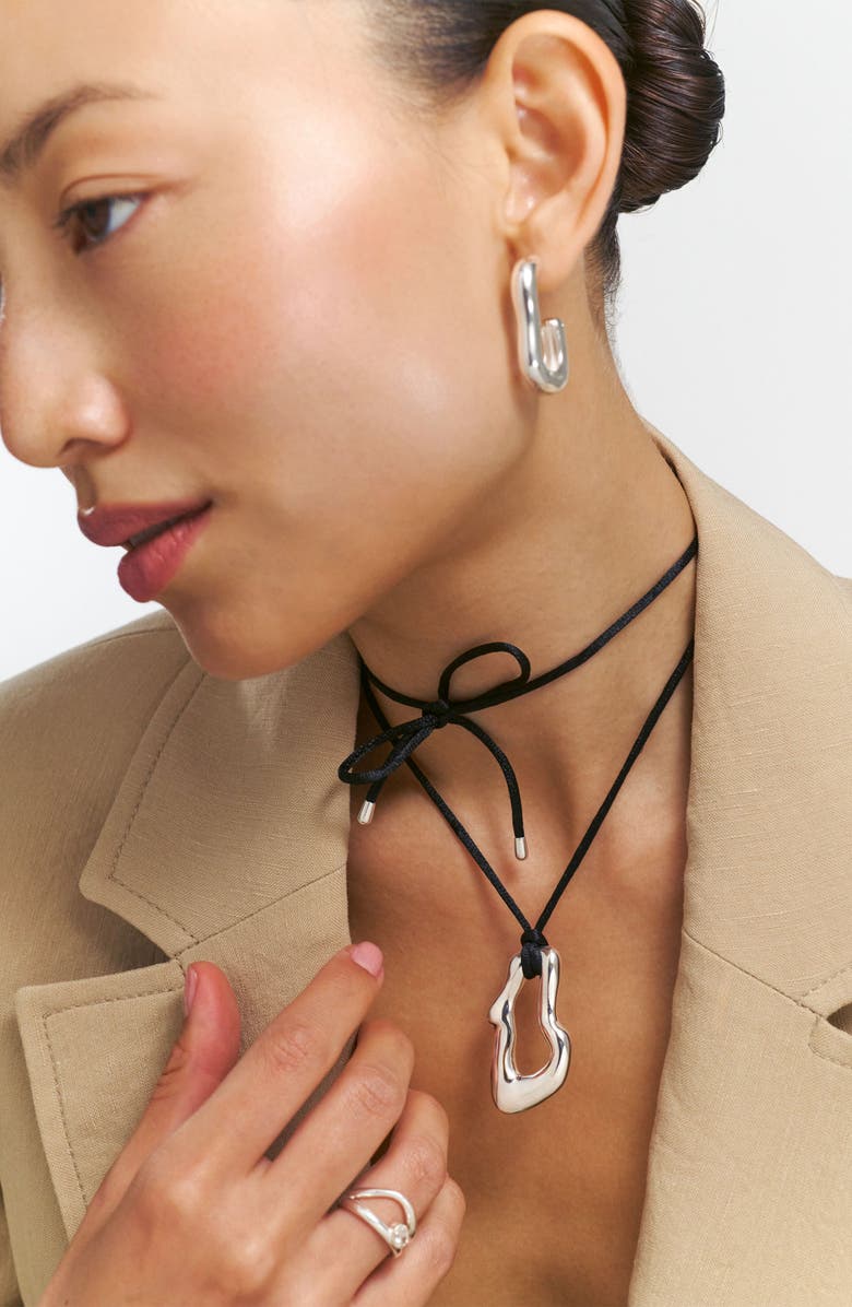 Oak & Luna Dome Wavy Pendant with Black Cord, Alternate, color, Silver Plated