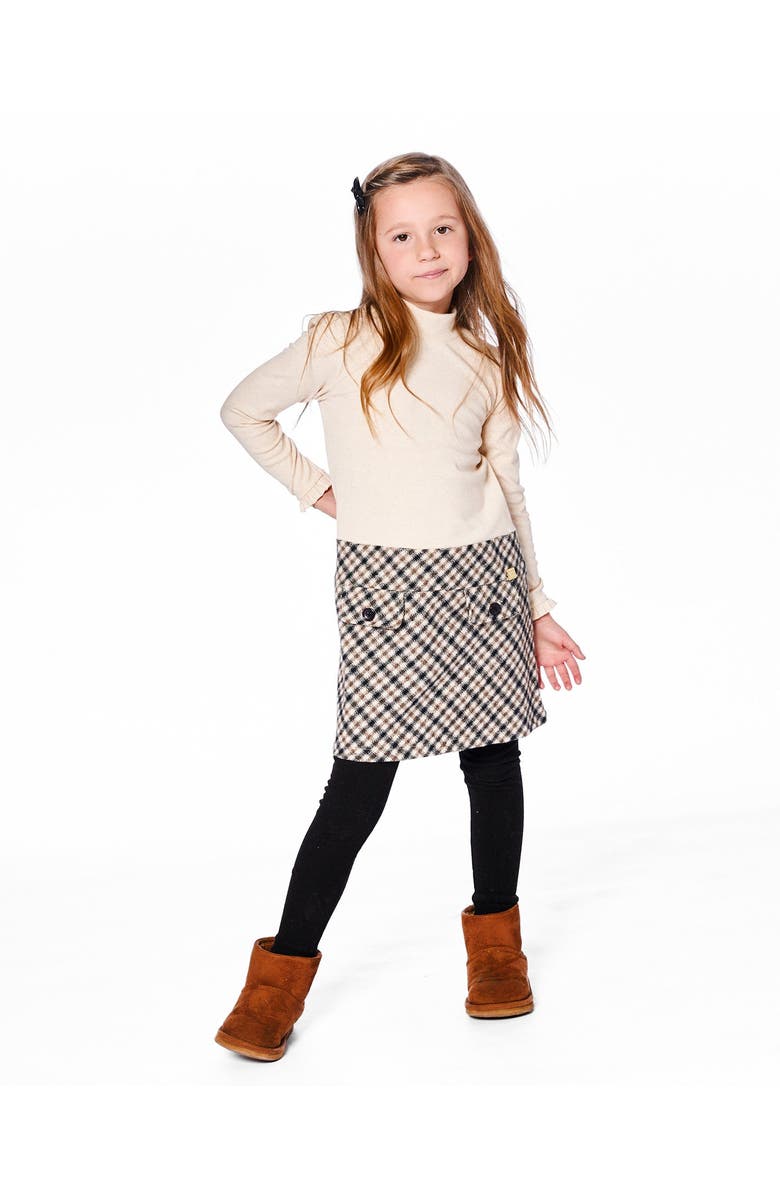 Deux par Deux Long Sleeve Bi-Material Mock Neck Dress and Plaid, Main, color, Beige