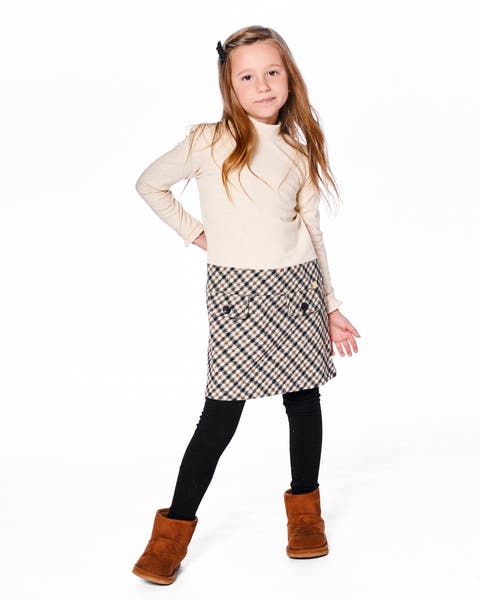 Long Sleeve Bi-Material Mock Neck Dress and Plaid (Toddler & Little Kid)