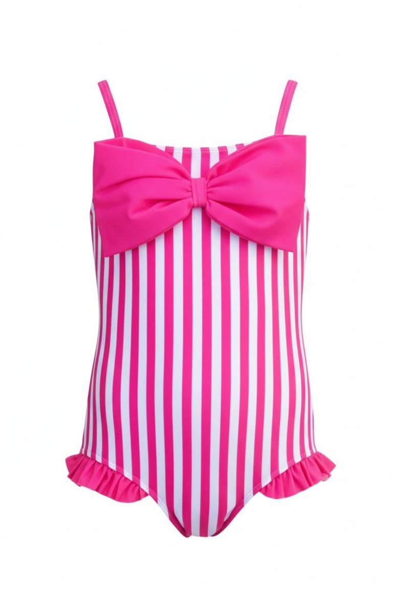 Mia Belle Girls Seaside Stripes Pink Bow One-Piece Swimsuit, Main, color, Pink