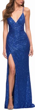 La Femme Sequin Long Prom Dress with Wrap Style Front