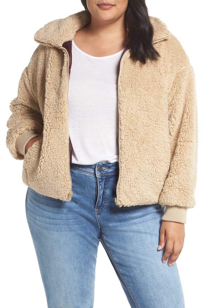 Reversible Teddy Fleece Bomber Jacket, Main, color, TAN BURRO