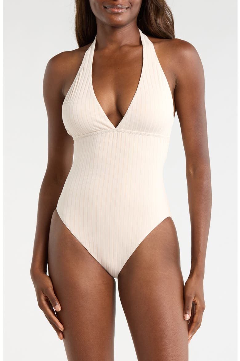 Halter Rib One-Piece Swimsuit, Main, color, WHITE SAND